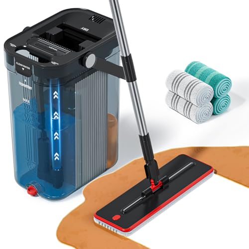 HoMettler 3-Tank Transparent Mop and Bucket Set with 65-Inch Extensible Handle - Black
