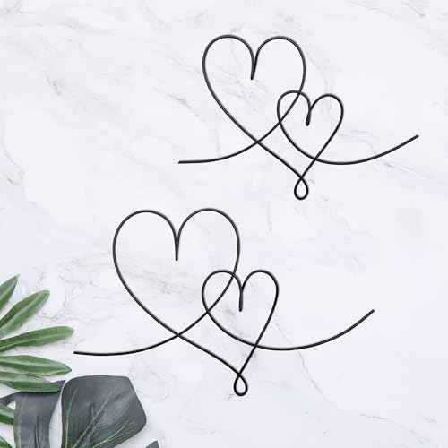 2 Pieces Metal Duo Hearts Wall Decor, Metal Wire Heart Signs Art, Love Heart Decoration For Home Bedroom Living Room Wall Shelf Hanging Decoration Valentine's Day Gifts (Black)