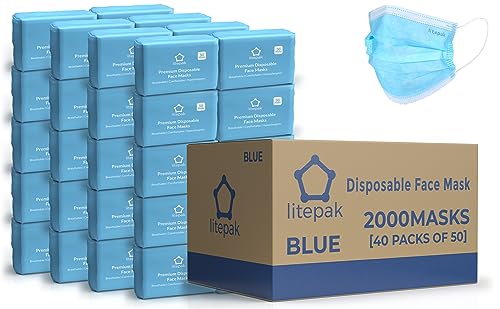 Litepak Blue Disposable 3-Ply Face Masks - 2000 Pack, Breathable & Hygienic