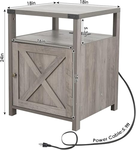 HOSEOKA Rustic Grey Farmhouse Nightstand with Charging Station, End Table