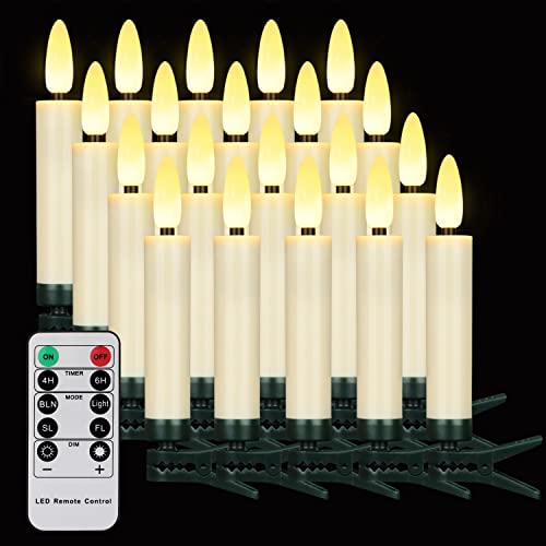 FPOO 20pc Ivory White LED Christmas Tree Candles w/ Remote & 4/6H Timer - 2/4/6/8H Options, Battery Operated