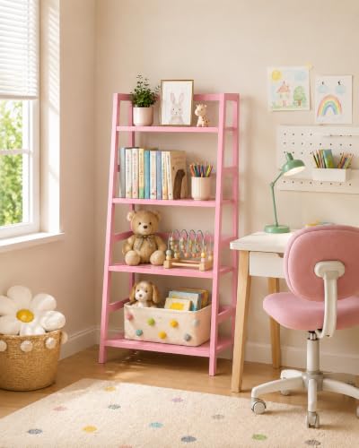 Pink Ladder Shelf - 4-Tier Bamboo Bookcase & Organizer for Home