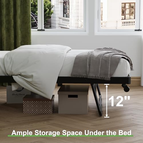 Twin Stand-Up Trundle Bed with Lockable Wheels - Black, Space-Saving