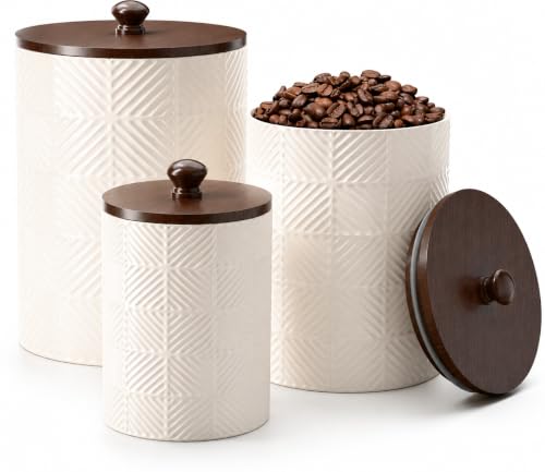 LILO DESIGN CO. Ceramic Canister Set with Airtight Bamboo Lids - 3 Sizes for Kitchen Storage