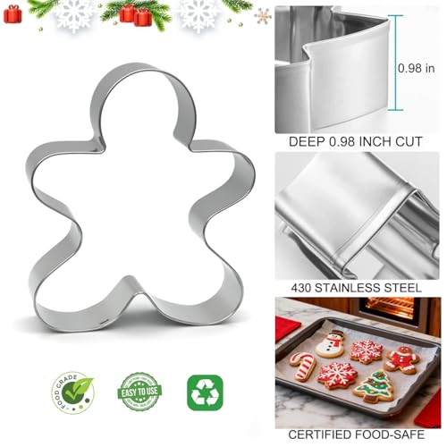 Christmas Cookie Cutters Large - 5 Pieces - Gingerbread Man, Christmas Tree, Snowflake, Snowman, Candy Cane Shapes, Stainless Steel Biscuit Cutter Molds Set for Winter Holiday Baking