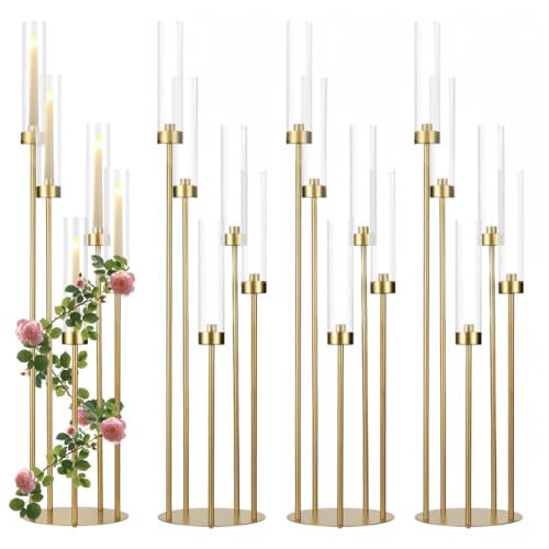 4-Pack 39-Inch Tall Gold Candelabra Centerpieces with 5 Arms & Acrylic Shades