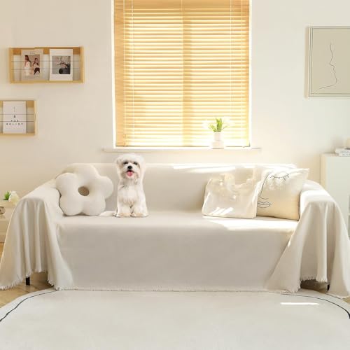 Oversized Couch Cover for 3 Cushion Sofa - Washable Beige Tassels Edge-150"