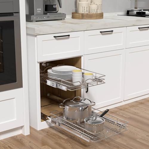 2-Tier Pull Out Cabinet Organizer for Kitchen & Bathroom, 14x21 inches, Chrome Finish