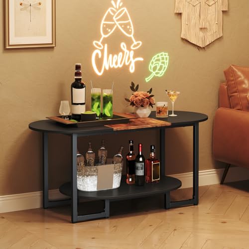 Oval Rustic Brown and Black Coffee Table with 2-Tier Storage - Wooden Center Table
