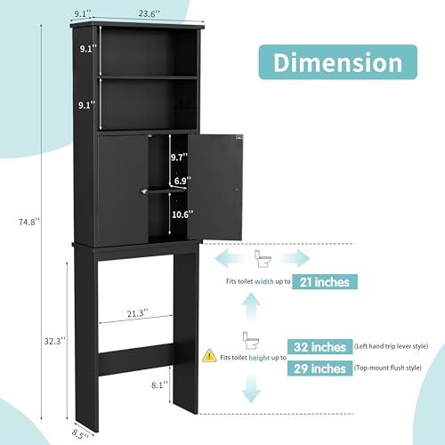 Over The Toilet Storage Cabinet - Bathroom Shelf with 2 Open Shelves & Door Cabinet - Black, Variation: 2 Open Shelves