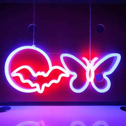 JYWJ Double Sided Neon Signs,USB or 3-AA Battery Powered Neon Light,LED Desktop Wall Decoration,Various Parties,Decoration Of Business Premises(Moon Bat)