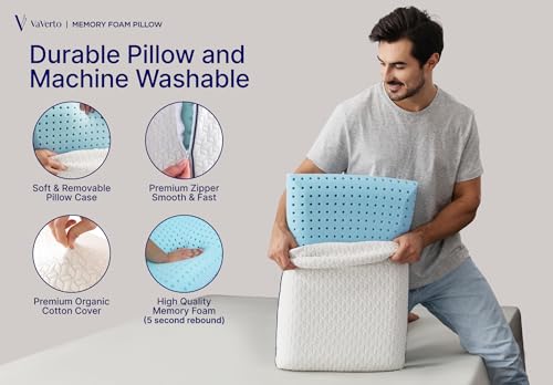Vaverto King Size Memory Foam Pillow Pack of 2 - Firm, Orthopedic Support, Cooling Gel, White