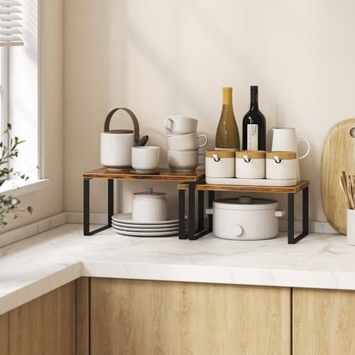 Kitchen Cabinet Organizer Shelf Set of 4 Rustic Brown Stackable Expandable Wood Spice Racks
