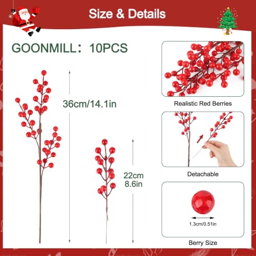 GOONMILL 10 Pack Red Artificial Berry Stems - 16.5 Inch Holiday Decor