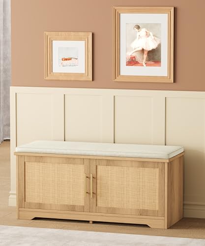 Zeibospri Rattan Shoe Storage Bench 39.4" Wide Entryway Bench with Adjustable Shelf, Natural Oak Finish, 13.8"D x 39.4"W x 17.9"H