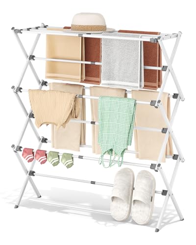 Foldable 3-Tier Clothes Drying Rack - White, Expandable Laundry Organizer