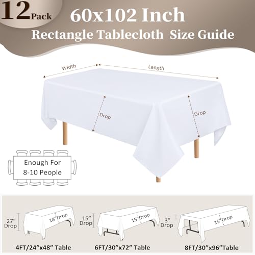 Peppmily 12 Pack White Rectangle Tablecloth 60 x 102 Inch for 6Ft Tables - Elegant & Durable Polyester