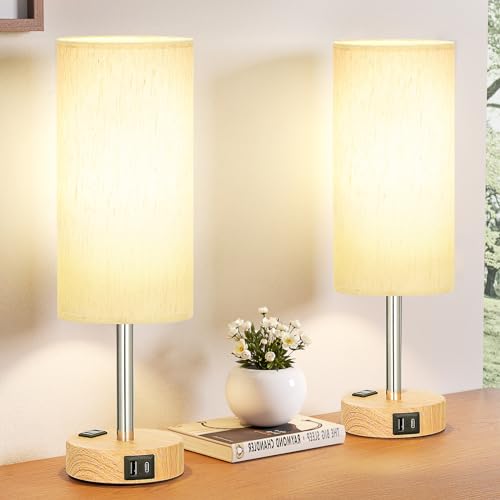 Fenmzee Cream Wood Grain Bedside Table Lamp Set of 2 - Dimmable Touch with USB A+C & Outlet