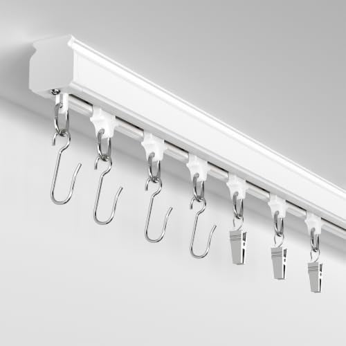 Silent Ceiling Curtain Track 9-12ft Heavy Duty Aluminum Room Divider Rail with Hooks & Clips - White Variation 9ft-12ft