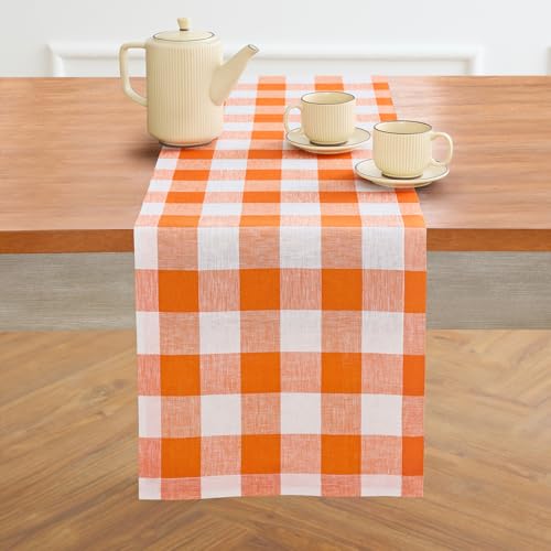 Solino Home Pumpkin & White Linen Table Runner 14 x 156 in – Handcrafted, Formal Dining Decor