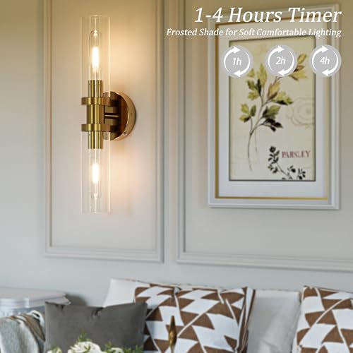 Rayogale 16.5 Inch Gold Battery-Operated Wall Sconces with Clear Lampshades, 2 Pack