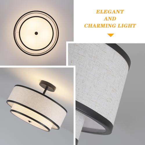 Black Semi Flush Mount Ceiling Light with Double Drum Fabric Shade - Modern Farmhouse Chandelier for Bedroom, Kitchen, Hallway