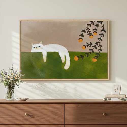 Large Framed Cat Wall Art - Green Neutral Canvas Bedroom Decor 36x24 Inch - Orange Variation