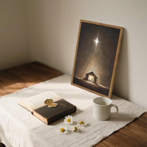 24x16 Inch Nativity Scene Wall Art Jesus Bethlehem Star Canvas Framed Religious Decor