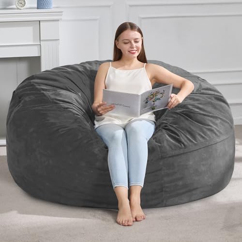 Hobestluk Extra Large Grey Velvet Bean Bag Chair - Soft Memory Foam Lounge