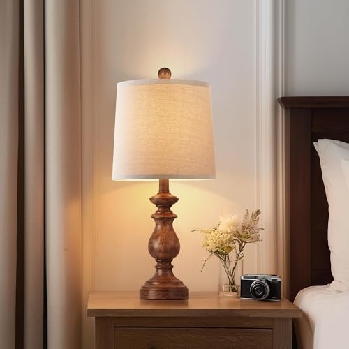 PARTPHONER Rustic Farmhouse Wood Grain Table Lamp Set of 2 - 22 Inch Linen Shade Nightstand Lamps for Living Room & Bedroom