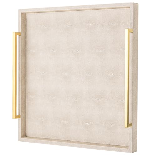 XIGEXIGE Ivory 20x20in Large Shagreen Leather Ottoman Tray with Gold Handles
