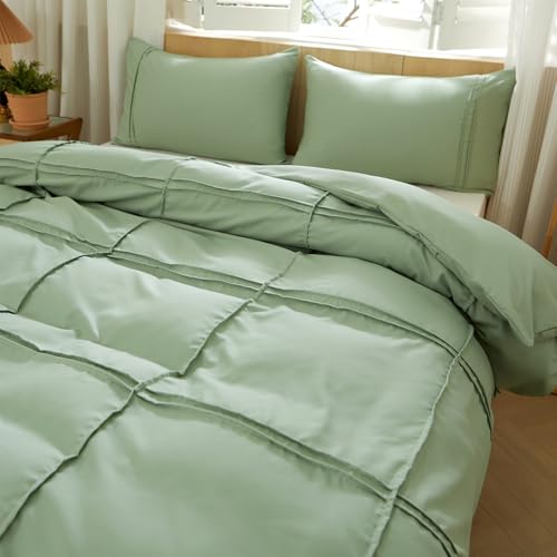 AiMay Duvet Cover Set Queen Pintuck Pleated 3 Pieces—Green, Zipper & Corner Ties