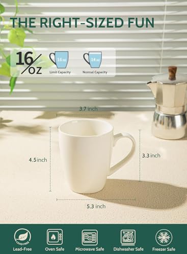 Sweese 16oz White Porcelain Coffee Mug - Set of 6, Durable, Microwave & Dishwasher Safe