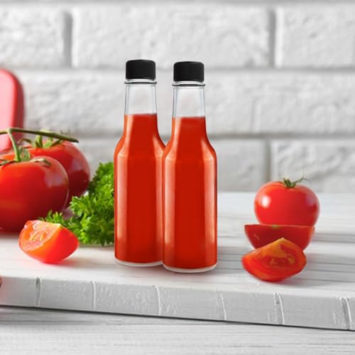 GUANENA 35 Pack 5oz Hot Sauce Bottles with Black Caps & Shrink Capsules, Clear Glass Woozy Bottles + Funnel & Twine