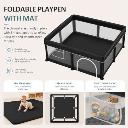Black Foldable Baby Playpen with Mat, 50x50 Inches, Breathable Mesh, Ocean Balls Included