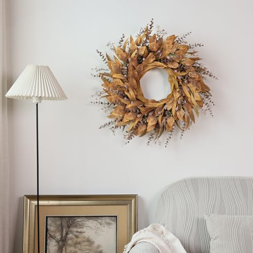 YXZZWL 26-Inch Artificial Fall Eucalyptus Wreath with Seeds for Front Door (Orange) - Fall Decor