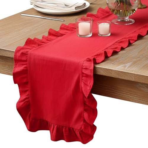 Red Ruffled Table Runner 118 Inches Long with Scalloped Edge – Oudain, 9.8 ft x 13.8 in