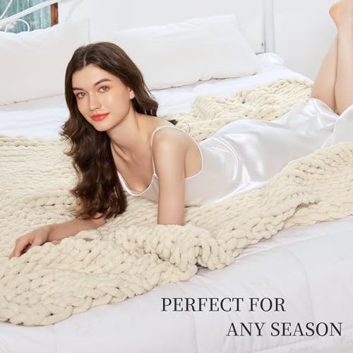 Admitrack Ivory Chunky Knit Blanket Throw 51x63" - Cozy Couch Cover