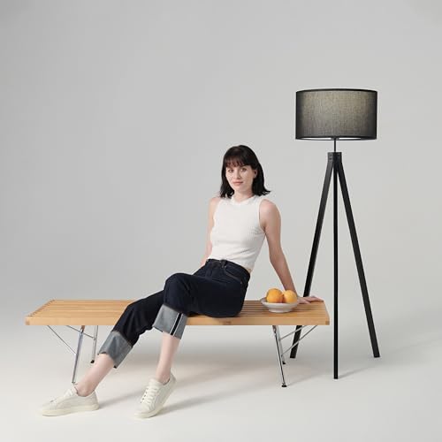 Dimmable Mid Century Tripod Floor Lamp with Solid Wood Legs - Black - Eden Variation