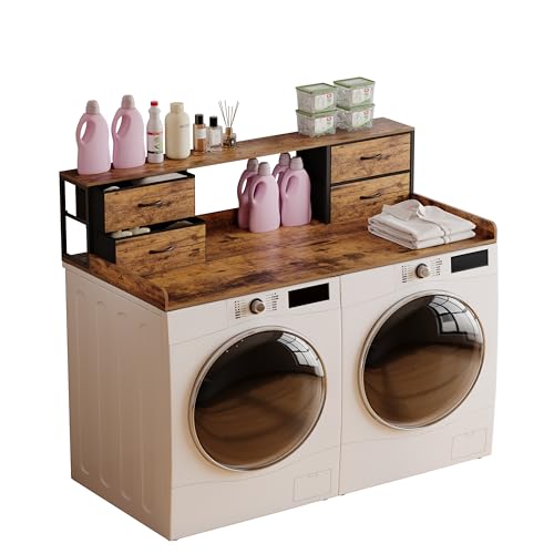 Unionly 2-Tier Washer and Dryer Countertop with Fabric Drawers - Rustic Brown