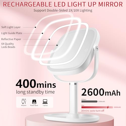 Vanmirr White Lighted Makeup Mirror with 8.5" 1x/10x Magnification & Height Adjustment