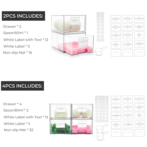 Rolheit 4 Pack Laundry Room Storage Drawers with Labels - Stackable Dryer Sheet & Pod Containers