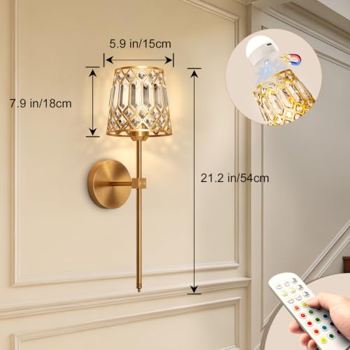 Rayspan Gold Rechargeable Wireless Crystal Wall Sconces Set of 2 with Remote, Dimmable RGB & CCT, Easy Installation