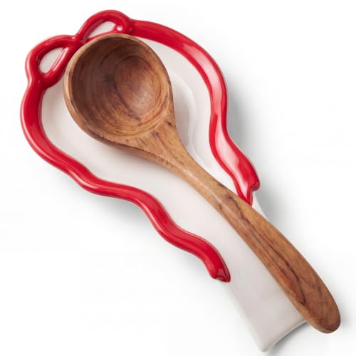 LemonRoad Red Bow Ceramic Spoon Rest - Christmas Kitchen Utensil Holder Gift