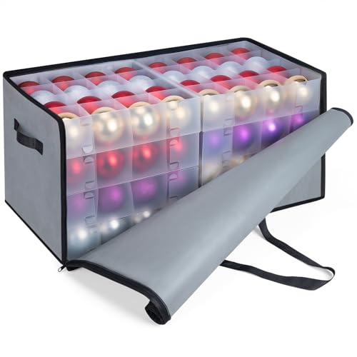 BALEINE Christmas Ornament Storage Box with Dividers, Grey, Holds 128 Balls, Soft Material