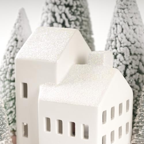 Lighted Ceramic Christmas Village Set with Houses, Trees & Remote Control
