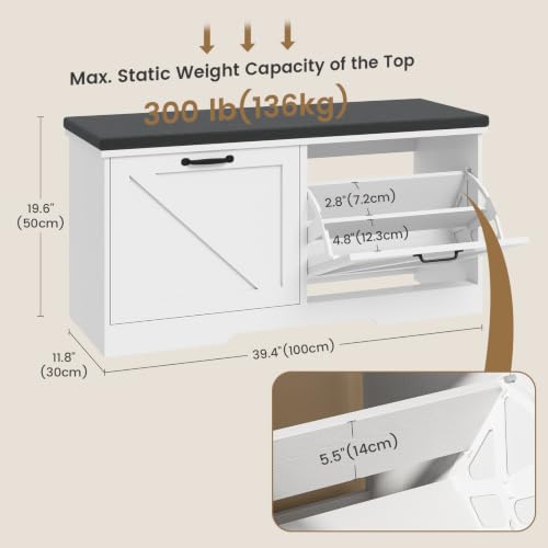 Farmhouse Shoe Storage Bench with Seat Cushion & Adjustable Flip Drawers - 39.4W x 11.8D x 19.7H