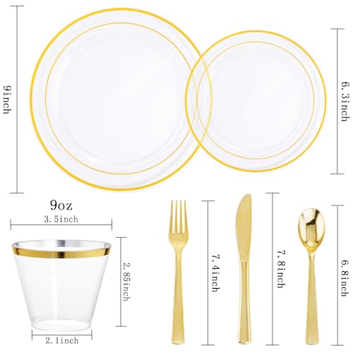 WELLIFE 300Pcs Clear Gold Disposable Dinnerware Set - Heavy Duty Plates, Cups & Cutlery - Variation: Clear Gold / 300