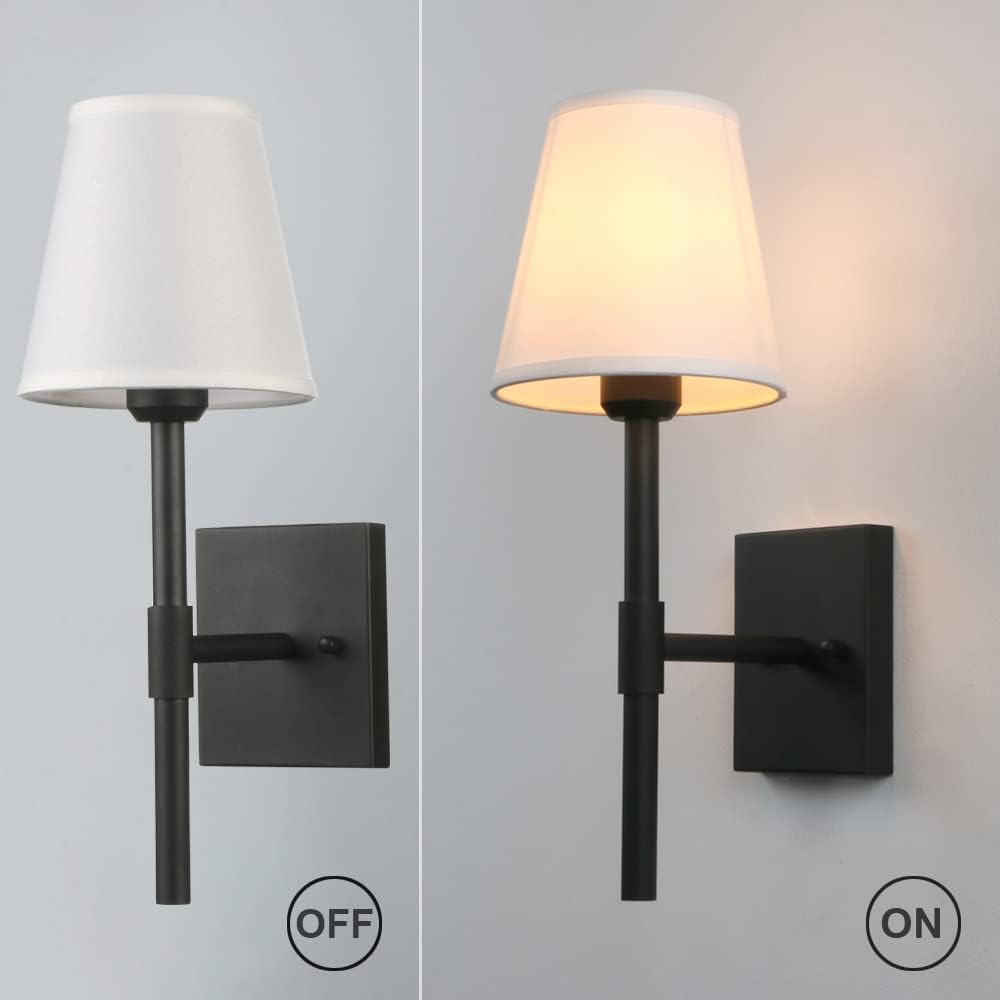 Pathson Set of 2 Hardwired Bathroom Wall Sconces with White Fabric Shade, Cloth Wall Mounted Lighting for Living Room Bedroom Hallway Matte Black Finish Base