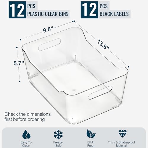 XXL Large Clear Plastic Storage Bins Set of 12 with Labels - Home & Kitchen Organization